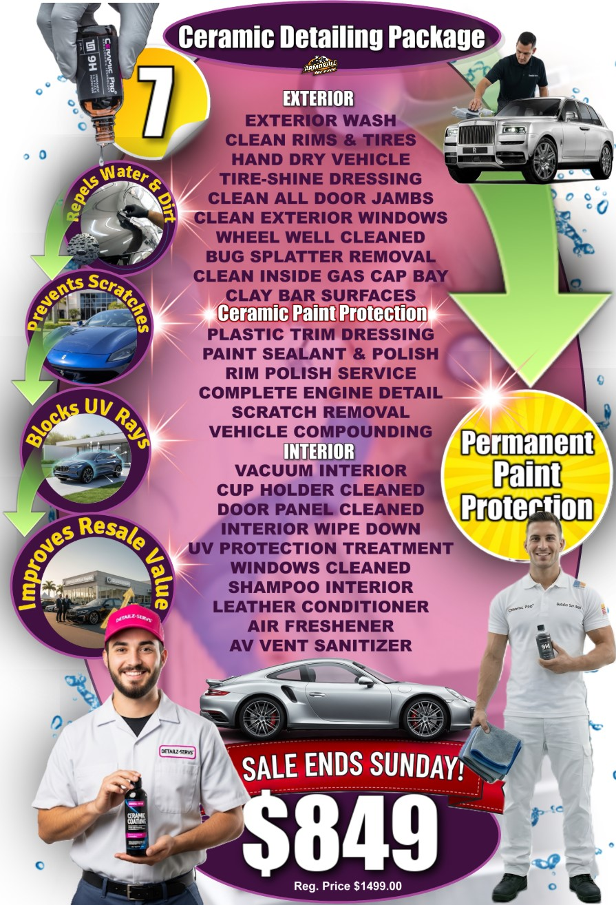 Ceramic Detailing Package featuring long-term paint protection and hydrophobic ceramic coating application.