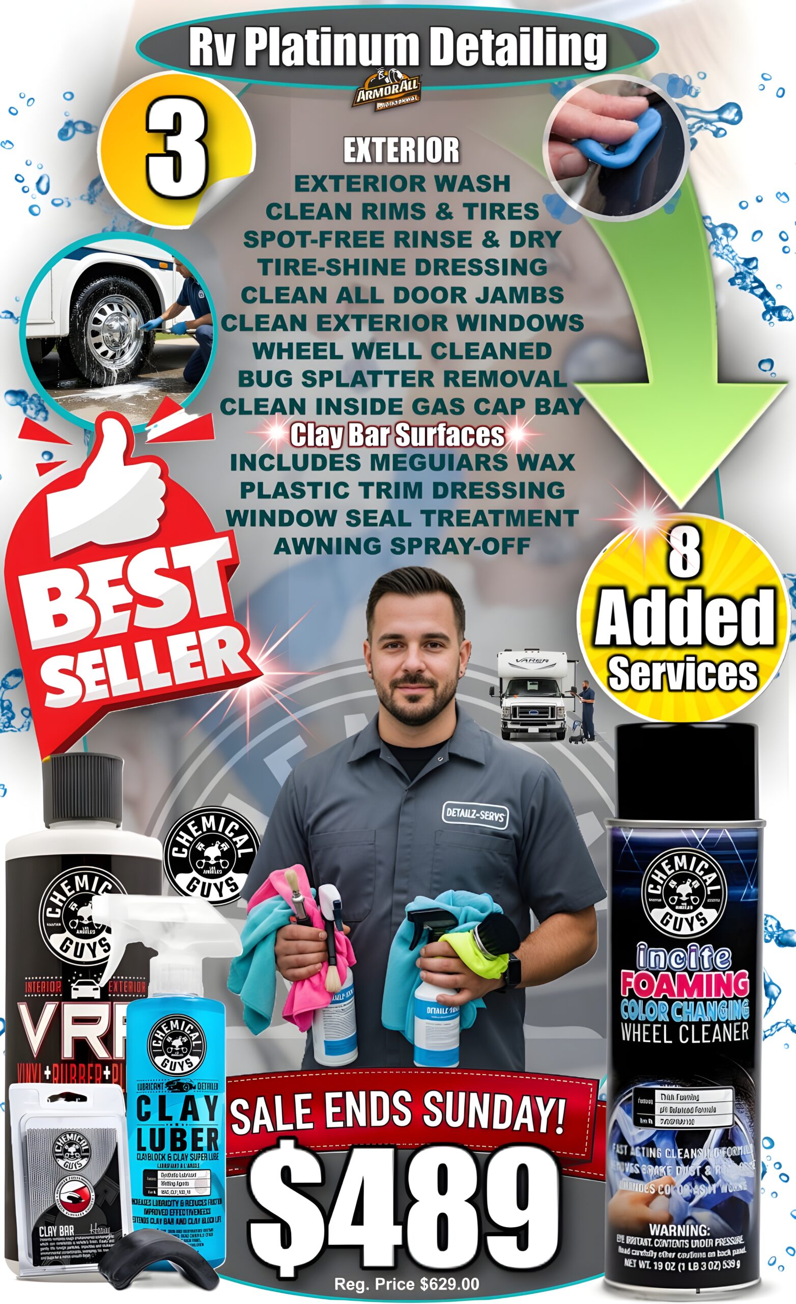 Premium Platinum RV Detailing featuring high-gloss paint protection - $489. Includes 8 added services.