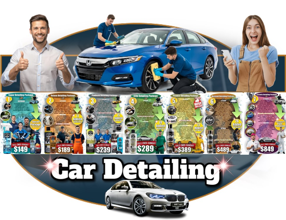 Infographic for Car Detailing Packages: Super ($149), Deluxe ($189), Platinum ($239), Elite ($289), Premier ($389), Diamond ($489), and Ceramic ($849).